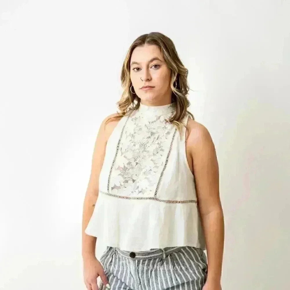 Free People Lace Back Sleeveless Collared Tank Top - Picture 2 of 7